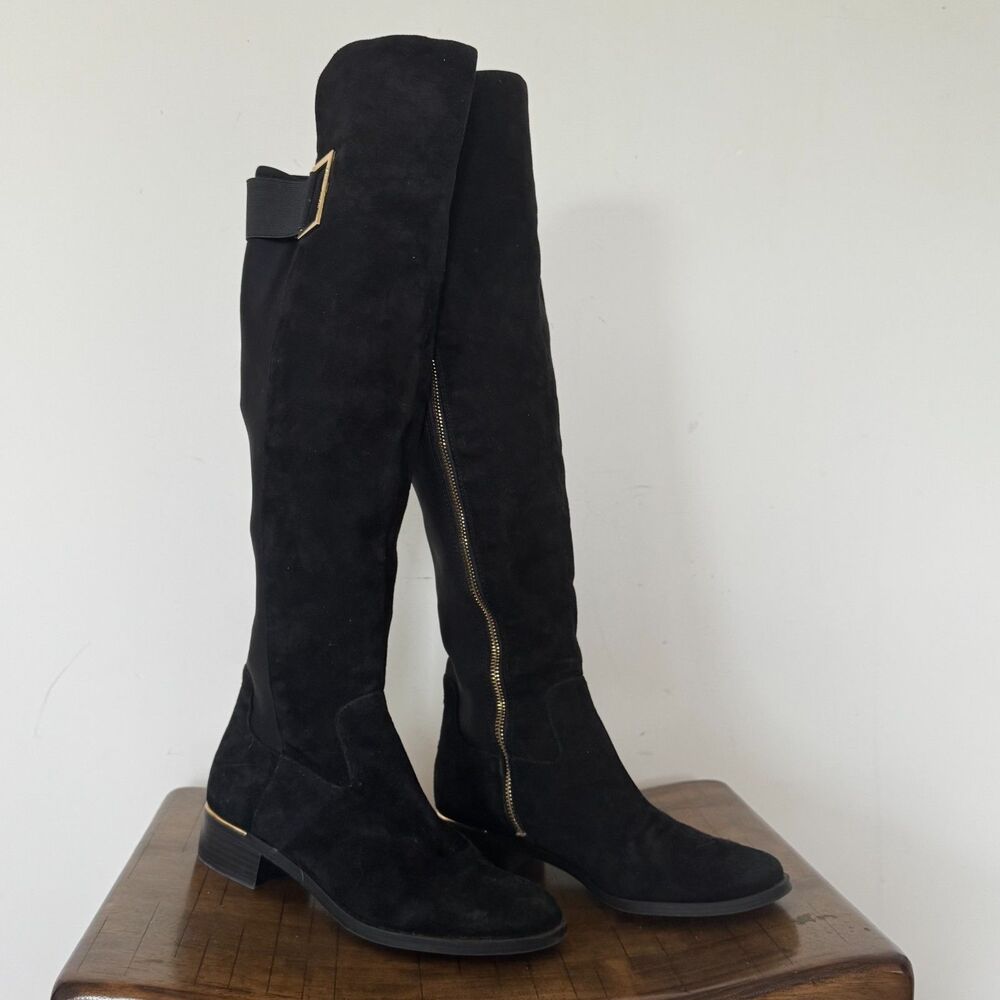 Calvin Klein Black Knee High Boots Gold Zip Stretch Riding Boots 7.5